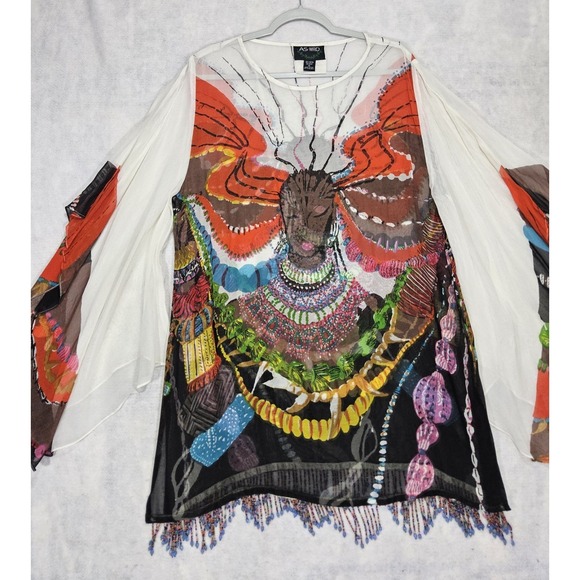Ashro Kaftan Dress African Womens XL NEW Hand Painted Butterfly Tunic Top Shawl - Picture 2 of 13